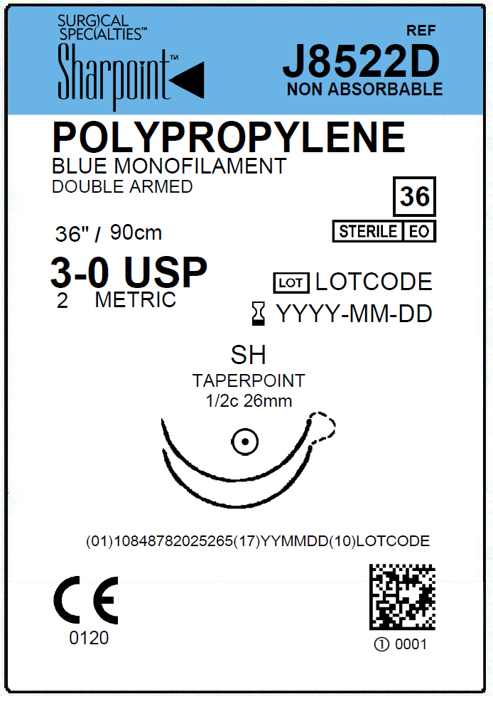 Suture   Polypropylene 3 0 Blue 1X36 Sh Double Armed